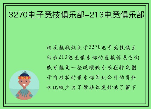 3270电子竞技俱乐部-213电竞俱乐部